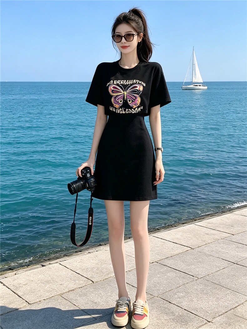欧货时尚气质蝴蝶印花裙女夏新款洋气减龄收腰显瘦运动休闲连衣裙,女装连衣裙,江南