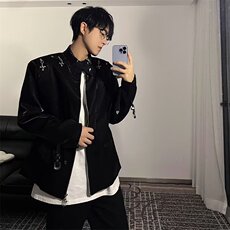 痞帅高级感黑色立领垫肩夹克上衣飞机扣设计感外套机车服JG37，男装夹克，星座1116A-1（原606A）