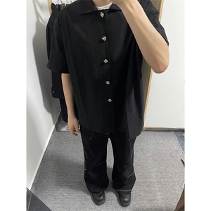 得物抖音品质二开老钱风亚麻冰丝纹短袖衬衫男女休闲美式潮牌衬衣图片
