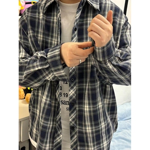 港风格子衬衫男士日系复古潮牌宽松百搭学生长袖衬衣外套 CS309图片