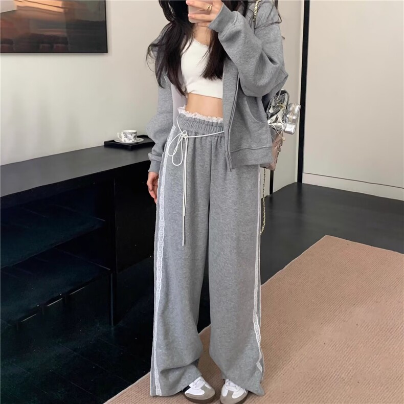 蕾丝花边拼接条纹阔腿裤女秋季新款小个子高腰直筒休闲运动裤,女装休闲裤,星座506A