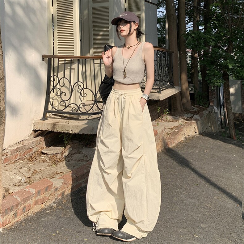 白色速干弯刀阔腿裤女夏季轻薄美式hiphop裤子宽松高腰显瘦伞兵裤,男装工装外套,星座509