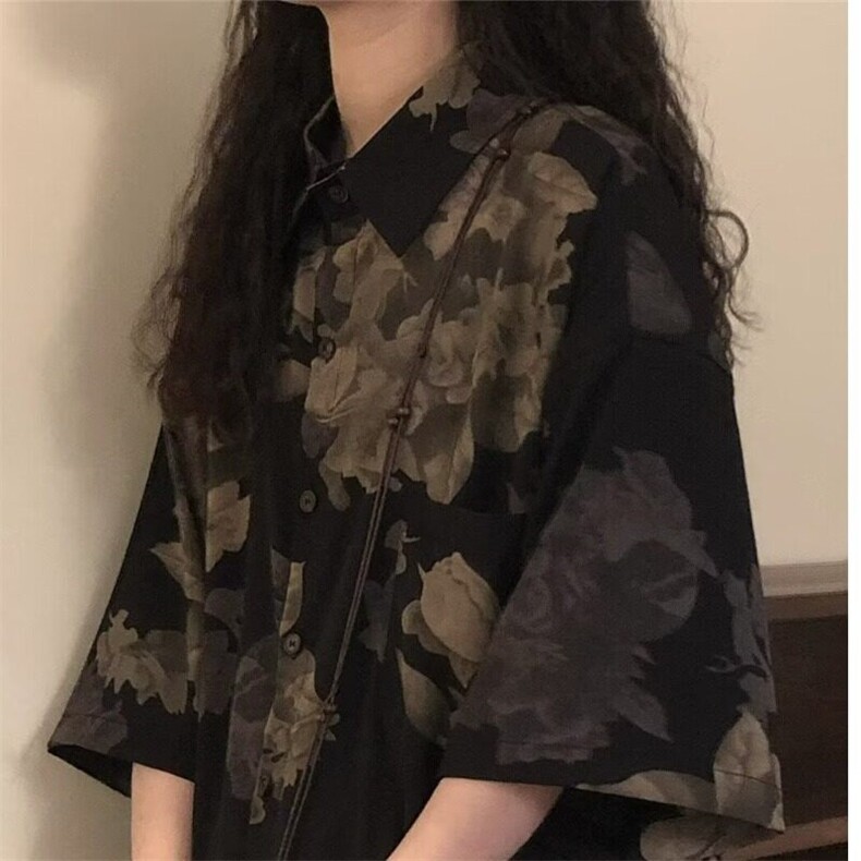 美式复古植物花卉满印短袖衬衫外套男女宽松五分袖衬衣夏季新款图片