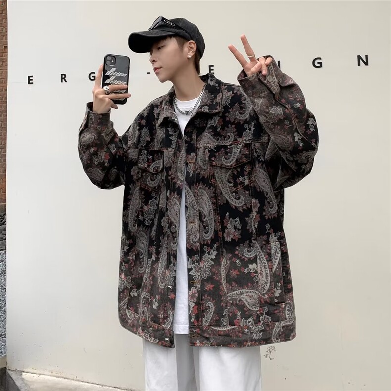 牛仔外套男韩版潮流腰果花高街2023春秋新款ins宽松夹克W4451-P65，男装大码男装，星座412-3