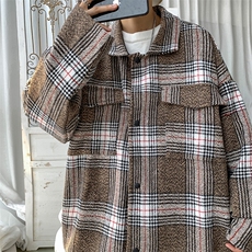 2025冬装宽松大码韩版休闲潮流格子毛呢大衣男装外套DM180-P75，男装毛呢大衣，电商D321-1