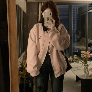 C933-P98 甜美风粉色翻领休闲夹克上衣设计感宽松美式棒球服外套图片