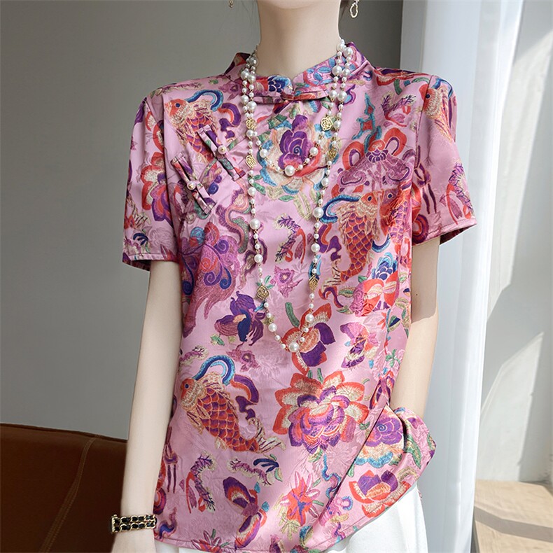 新中式国风缎面真丝短袖T恤女旗袍领盘扣刺绣提花上衣宽松打底衫,女装T恤,佳绒高端店