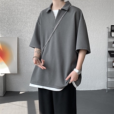 8XL-M假两件V领短袖t恤男夏翻领半袖宽松重磅华夫格大码DT001P40，男装T恤，电商B312