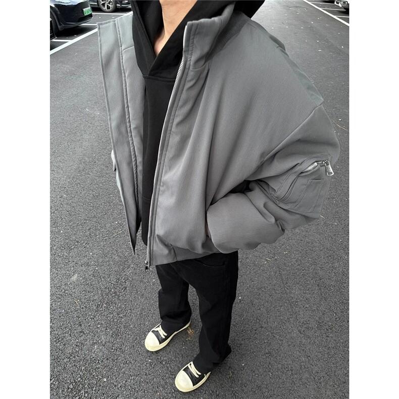 网图灰色廓形飞行员夹克棉服夹棉立领棉衣外套A025-QY16107-P75,男装夹克,电商A025
