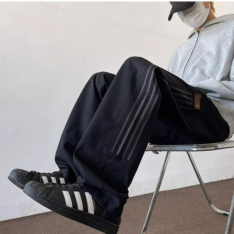 条纹直筒卫裤男春秋宽松垂感阔腿工装休闲裤美式篮球运动裤,男装休闲裤,星座1210-1