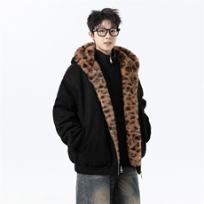 豹纹座山雕麂皮猫耳朵连帽棉服外套加厚棉衣2312P118，男装棉衣，星座506-1