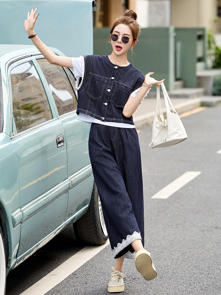 牛仔套装女2025夏季新款韩系小香风蕾丝无袖背心九分裤穿搭一整套,女装套装/套裙,贵人树