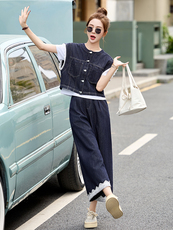 牛仔套装女2025夏季新款韩系小香风蕾丝无袖背心九分裤穿搭一整套，女装套装/套裙，贵人树