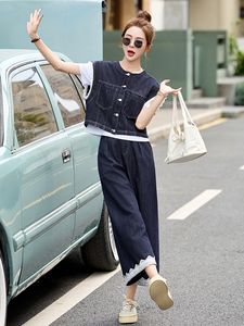 牛仔套装女2025夏季新款韩系小香风蕾丝无袖背心九分裤穿搭一整套图片