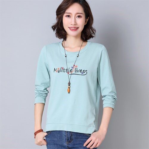 圆领绣花直筒长袖2021年秋季T恤创意套头百搭时尚，女装T恤，丽影随形