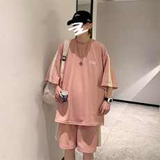 2026夏装华夫格拼接绣花休闲运动套装五分短裤TZ808/P65粉红色，男装休闲套装，电商A094
