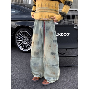 美式高街脏染做旧解构弯刀牛仔裤女秋季新款废土风宽松阔腿裤子潮图片