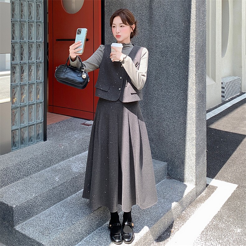 含绵羊毛小香风亮片钻扣套装女2025秋冬新款马甲无袖外套半身裙,女装套装/套裙,纯色衣恋
