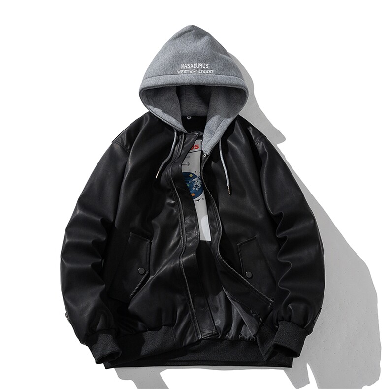 现货黑色PU皮棒球服外套秋冬棉服带帽可拆卸,男装棉衣,电商A105