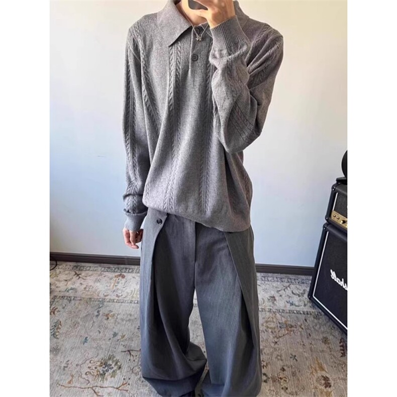灰色老钱风麦穗提花针织衫男秋季高级感polo领毛衣慵懒松弛感卫衣,男装Polo衫,星座506A