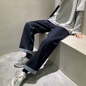 对镜自拍男秋冬ins潮宽松百搭阔腿直筒牛仔裤B381-2/9915/P58图片