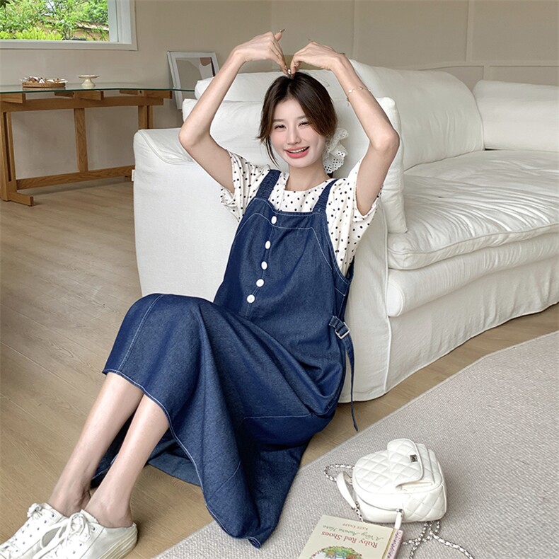 新款现货主推波点上衣+牛仔背带裙9833-P135-K188,女装连衣裙,2C129