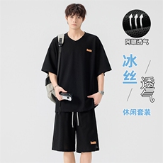 特批P60无差价夏季港风透气网眼冰丝V领短袖短裤速干套装男TZ5589，男装休闲套装，电商A001-1