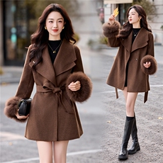现货主推新款简约时尚气质保暖大西装真狐狸袖毛双面呢大衣送腰带，女装双面呢大衣，韩美纤衣