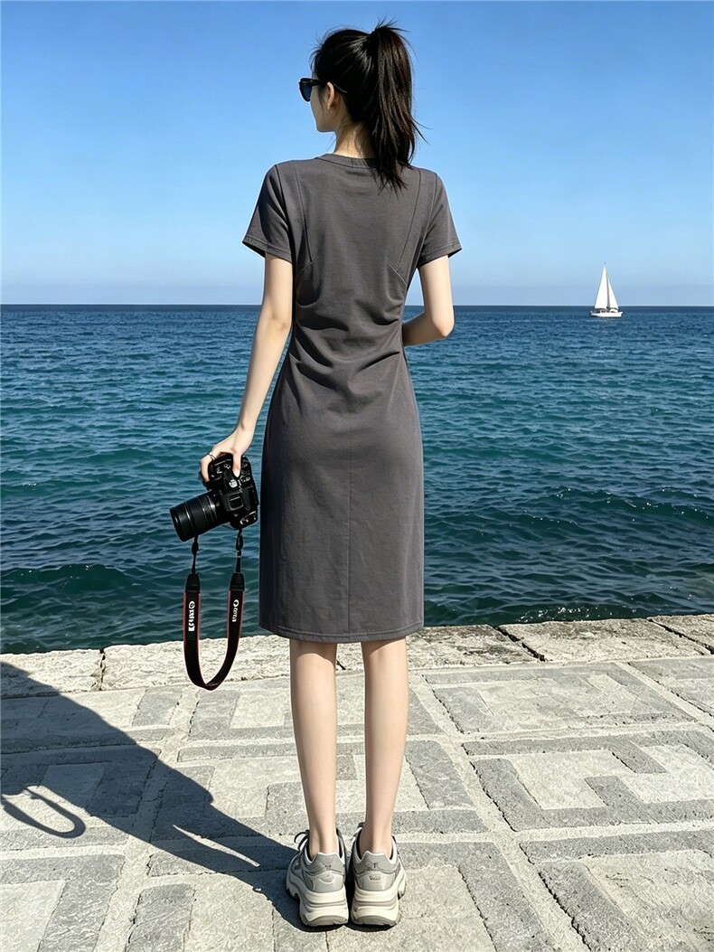 韩版时尚减龄连衣裙女夏款褶皱修身天鹅亮片开叉中长款灰色A字裙,女装连衣裙,江南