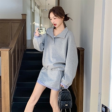 休闲运动ootd穿搭灰色立领卫衣套装女春秋超火好看减龄短裙两件套，女装套装/套裙，2C088