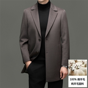 高端中年绵羊毛西服领大衣秋冬中老年绵羊毛双面呢中长款外套图片