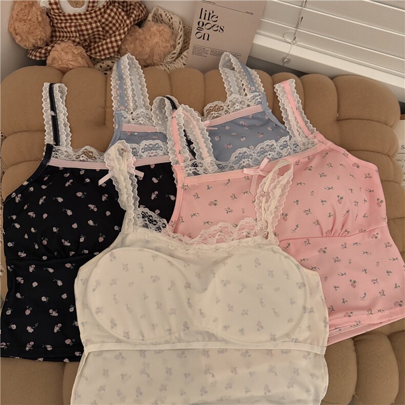 韩系甜美温柔蕾丝性感碎花吊带背心女装夏季内搭短款上衣，女装背心吊带，梦白服饰厂