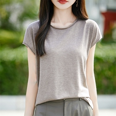 圆领短袖t恤女2025夏季新款薄款卷边宽松冰丝针织上衣，女装T恤，羿纯羊绒高端店