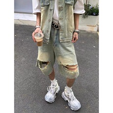 水洗破洞牛仔裤短裤男女夏季薄款阔腿宽松休闲中裤五分裤D6612，男装牛仔裤，星座1116A（原606A-3）