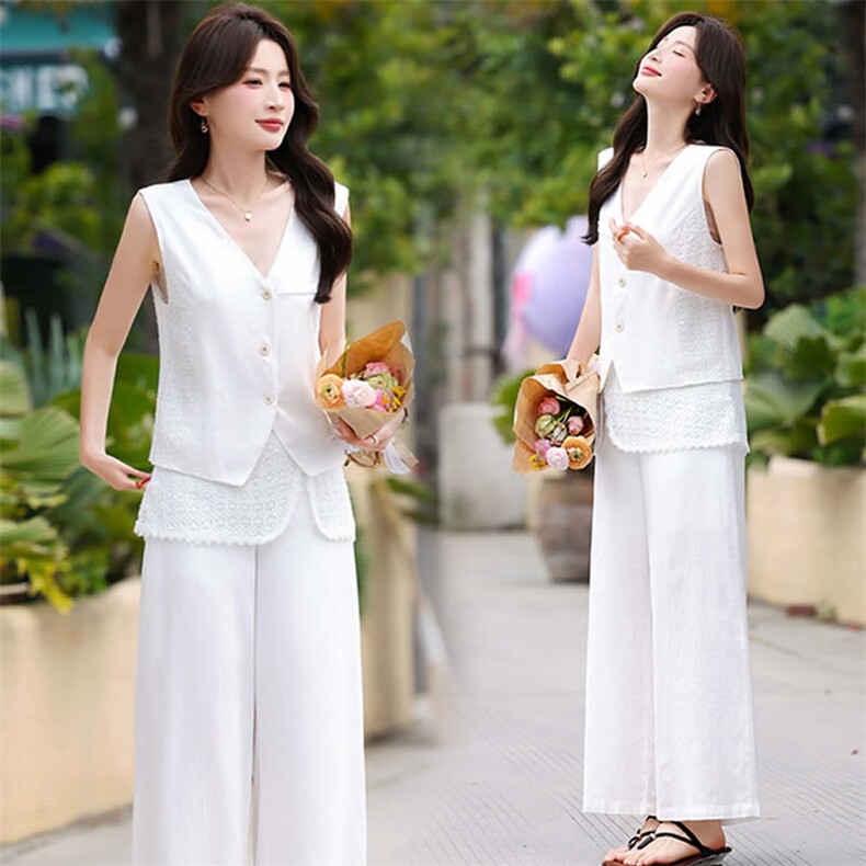 现货蕾丝拼接马甲屁帘阔腿裤两件套夏季穿搭韩系松弛感套装，女装套装/套裙，韩蔻秀