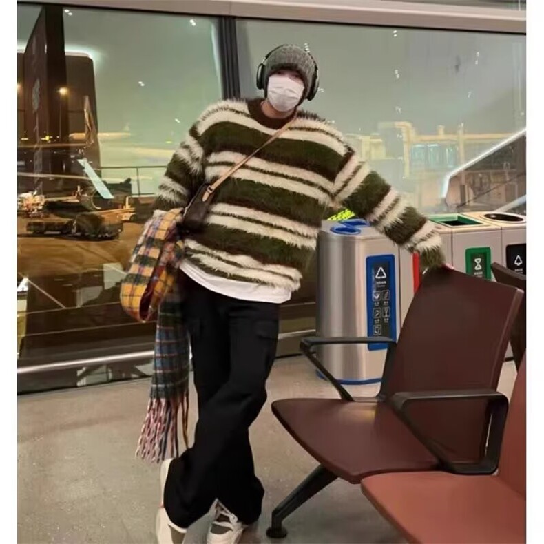 AA1809P50美式复古貂毛针织衫男女秋冬季宽松百搭圆领毛衣,男装针织衫/毛衣,电商B323A