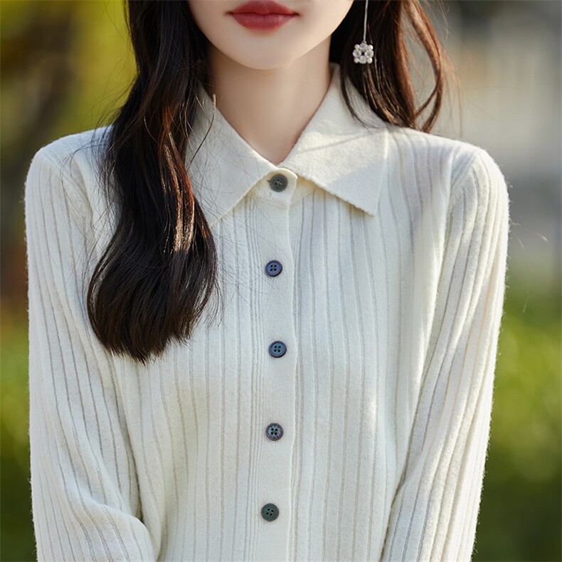 POLO领抽条长袖纯色单排扣2024年秋季针织衫，女装羊毛衫，片语羊绒