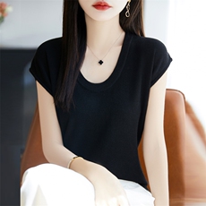 通勤百搭舒适柔软精纺羊毛小飞袖U领短袖女短款针织纯色宽松T恤，女装T恤，大美人包芯纱店