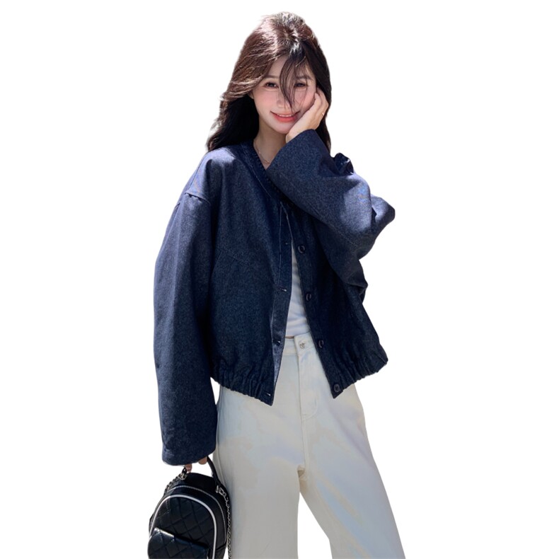 藏青色圆领慵懒风短款外套女2025秋季设计感简约气质百搭夹克上衣,女装短外套,2C166