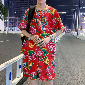 TZ203夏新款男士T恤短裤套装东北大花大码红色蓝色青年运动套装图片