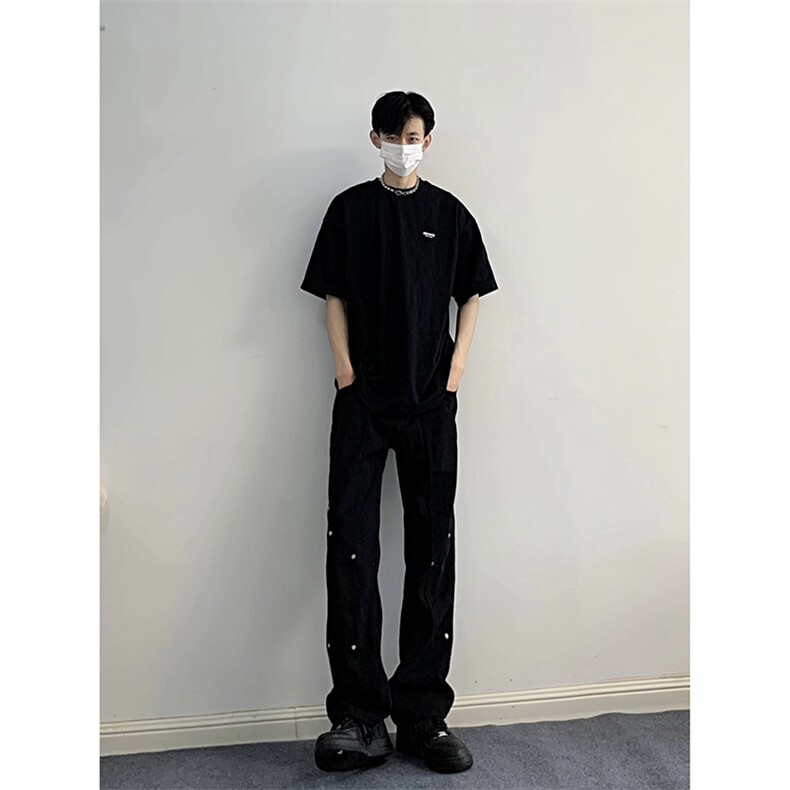 B221美式ins高街暗黑情侣同款小众铆钉牛仔裤LK22021-P60控78,男装牛仔裤,电商B221