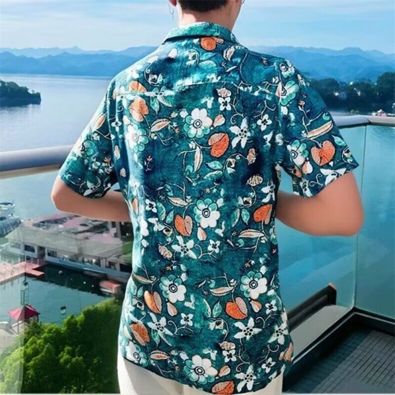 夏威夷风衬衫夏季薄款泰度假海边冰丝短袖花衬衫情侣碎花上衣男,男装衬衫,星座506