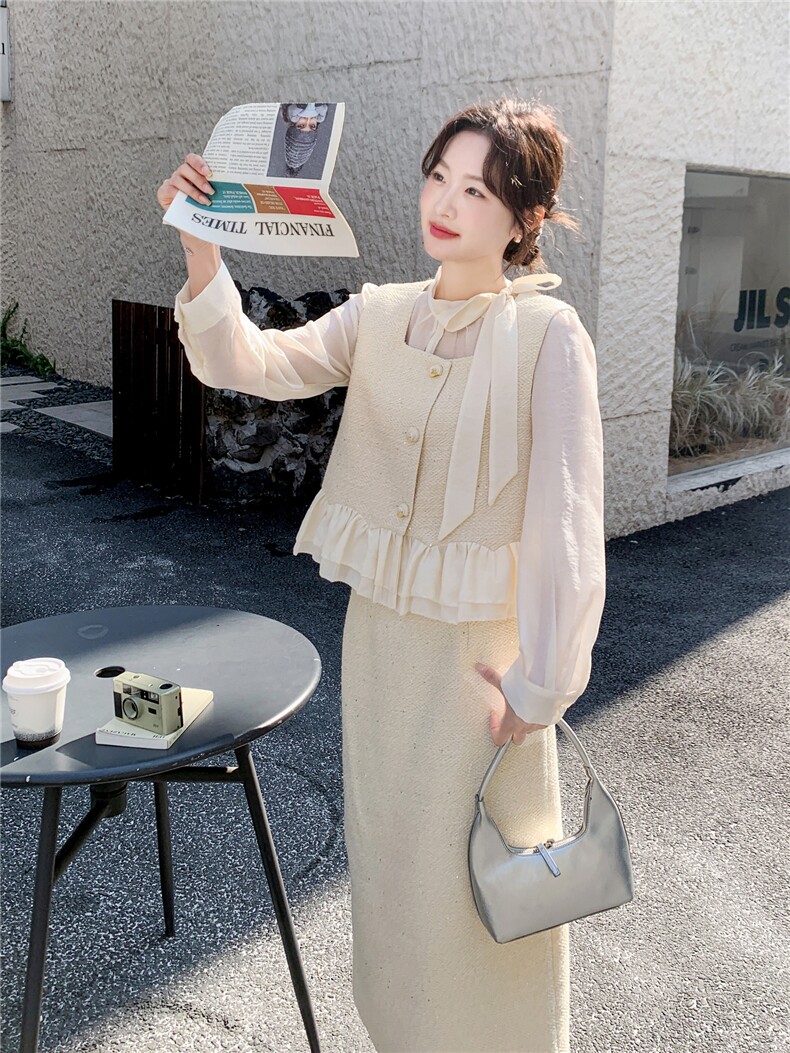 现货-2026年春季新款法式千金感蕾丝裙摆马甲半身裙三件套,女装套装/套裙,霓裳依族