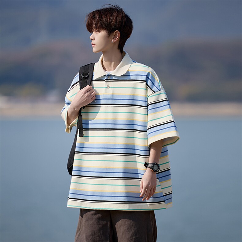 美式复古条纹Polo衫翻领短袖T恤百搭男士上衣225-2-8802-P45-控65,男装T恤,星座225-2