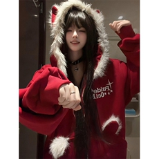 纯棉华棉加绒卫衣幽灵猫猫毛绒连帽外套女慵懒风帽衫WY3251，女装短外套，星座1116A（原606A-3）