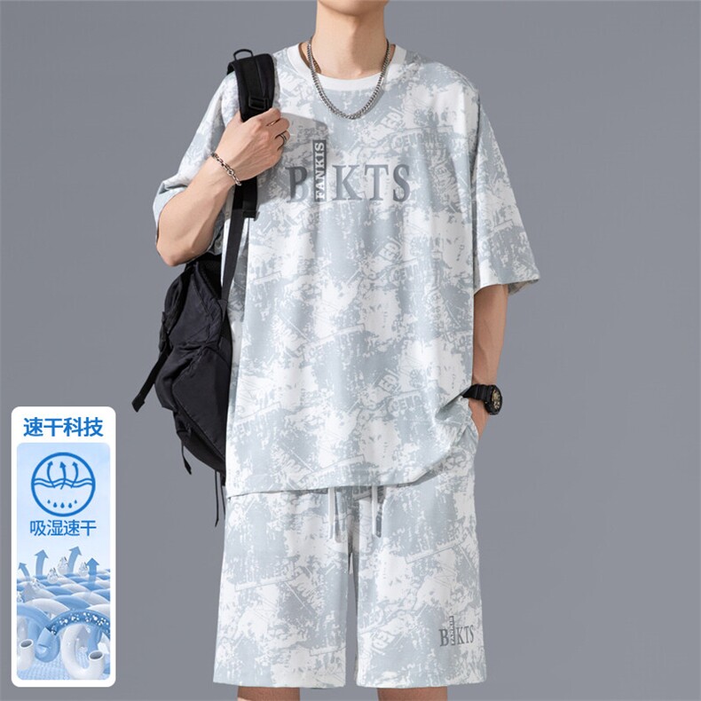 休闲短袖套装男生夏季字母印花扎染五分袖短袖海边度假直筒沙滩裤，男装休闲套装，电商A022