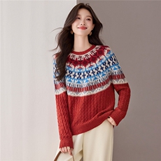 费尔岛提花复古绞花羊毛衫女秋冬外穿2025新款氛围感短款内搭毛衣，女装羊毛衫，艾米