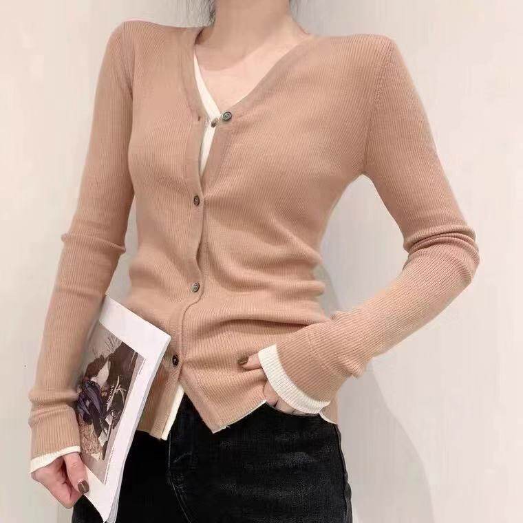 简约休闲百搭秋季女纯色假两件包芯纱针织衫图片