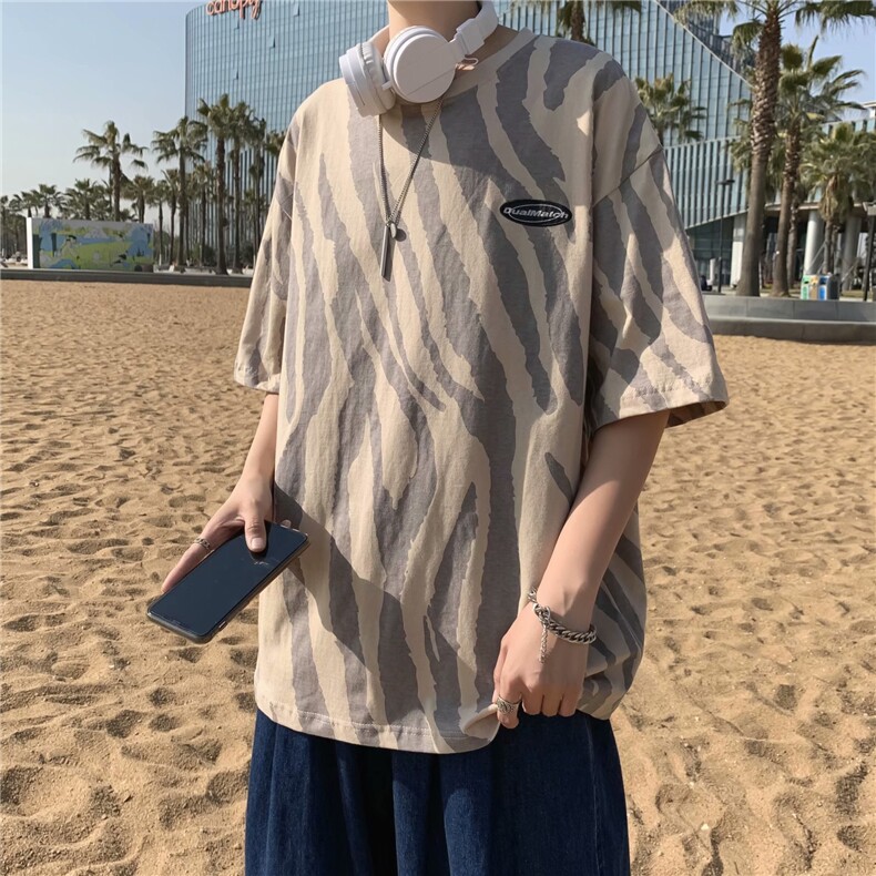 男士夏季潮韩版宽松圆领港风ins不规则条纹短袖t恤上衣 T130-P20图片