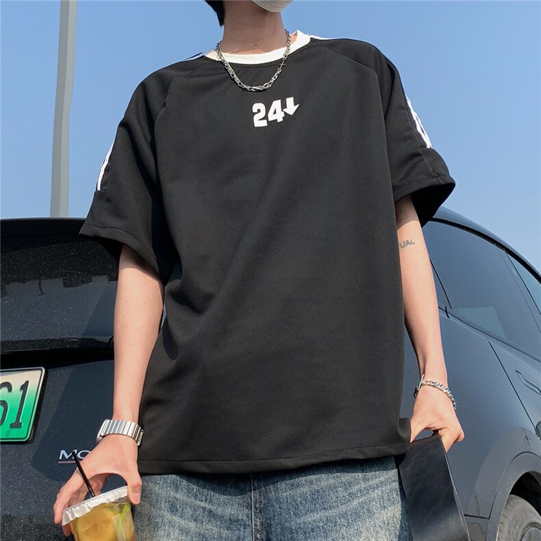 2026夏装新款薄款织带拼接短袖印花五分袖T恤T6606/特P30黑色5,男装T恤,电商A094